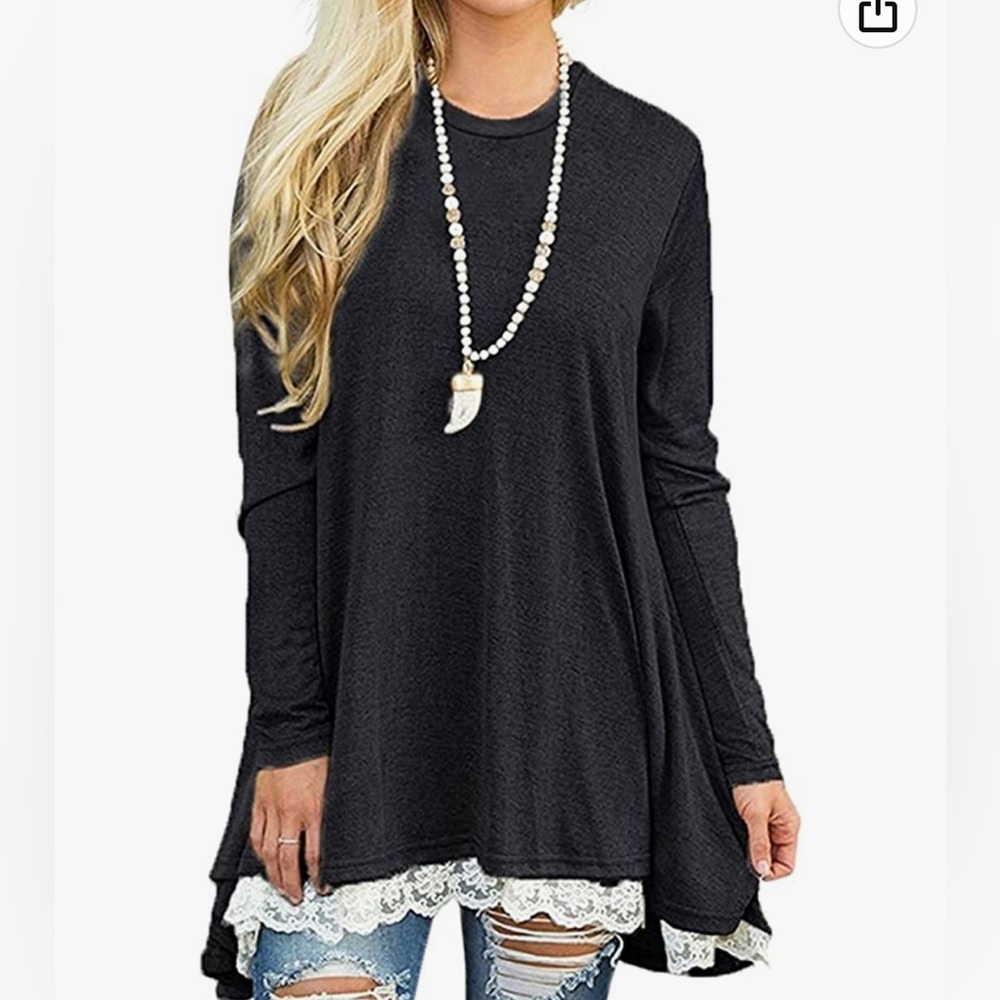 NWT Women's Black Long Sleeve Lace Trim Round Neckline A-line Tunic Top XXL